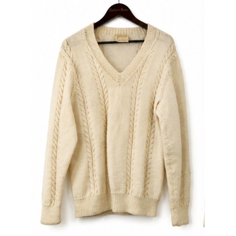 Vintage Lois McBurney Knitting Needles Cream Sweater Men M Women L Unisex 1457H5